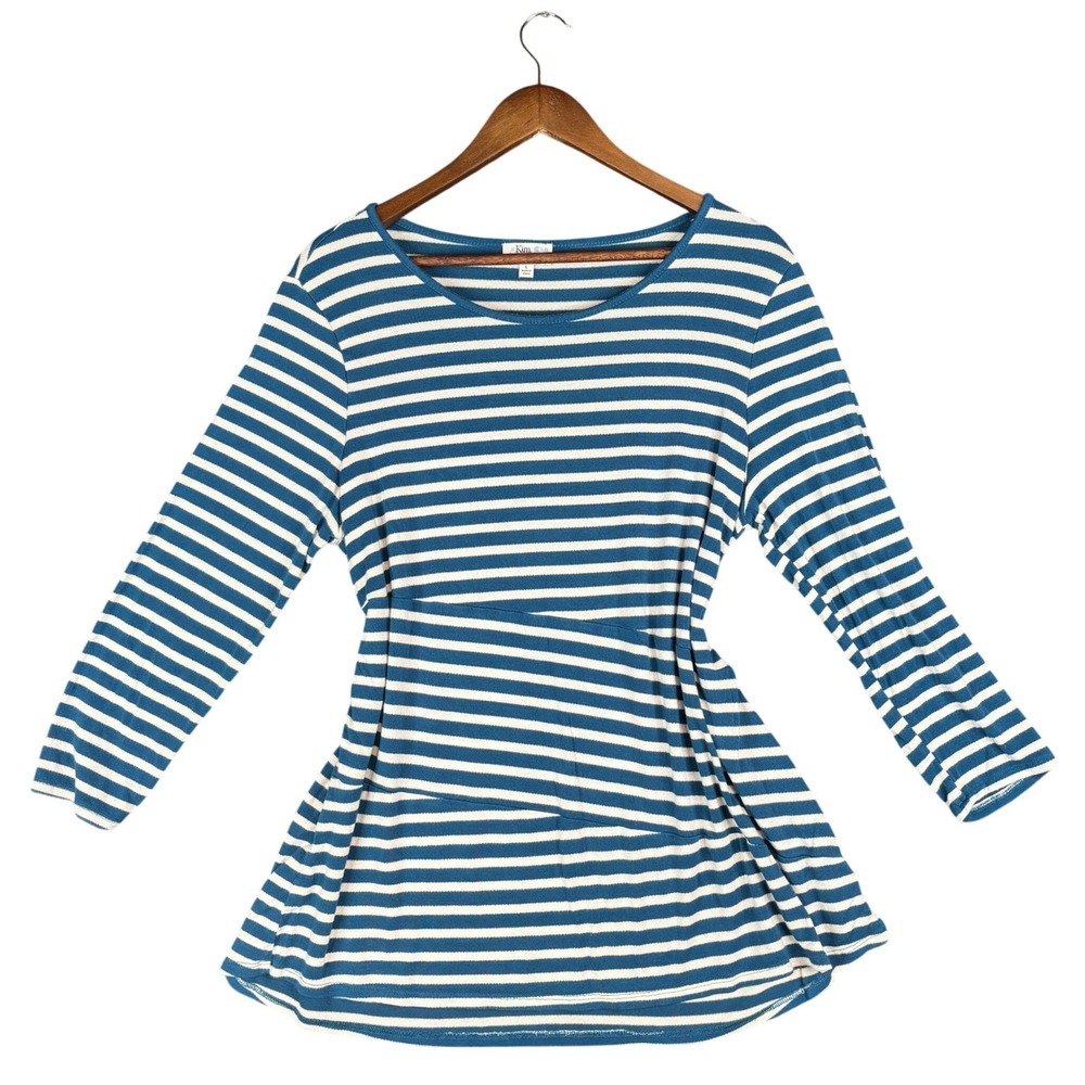 Kim Rogers Womens Teal Blue White Striped Tiered Hem 3/4 Sleeve Top Large Casual